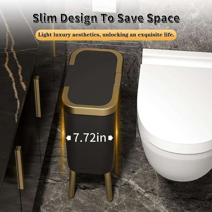 a white toilet sitting next to a black and gold trash can in a bathroom with the words slim design to save space on it