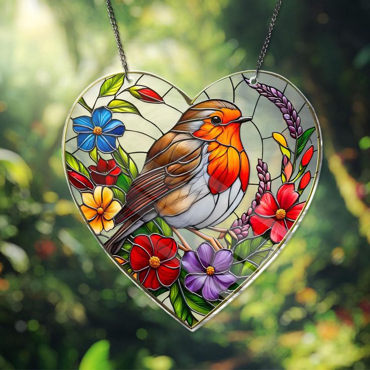 a heart shaped stained glass window with a bird sitting on it's side and flowers in the background