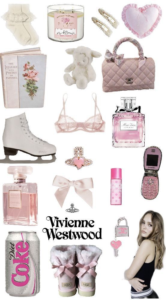 a collage of pink and white items with the words vieme westwood