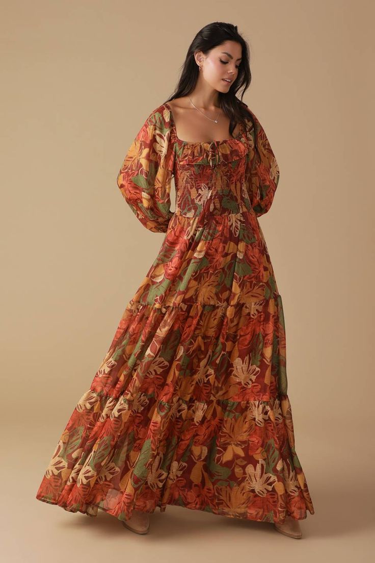 A printed woven maxi dress featuring square neckline with single layer ruffle and tie, smocked bodice, long sleeve and tiered skirt Details: Self : 100% PolyesterLining : 100% Polyester Size & Fit - Model is 5`8" And Wearing Size Small- Measurements Taken From Size Small- Approx. Length: 61" What To Wear Fall, Skirt Details, Modest Clothing, Dress Satin, Casual Jumpsuit, Curve Dresses, Casual Sets, Clothing Ideas, Tiered Skirt