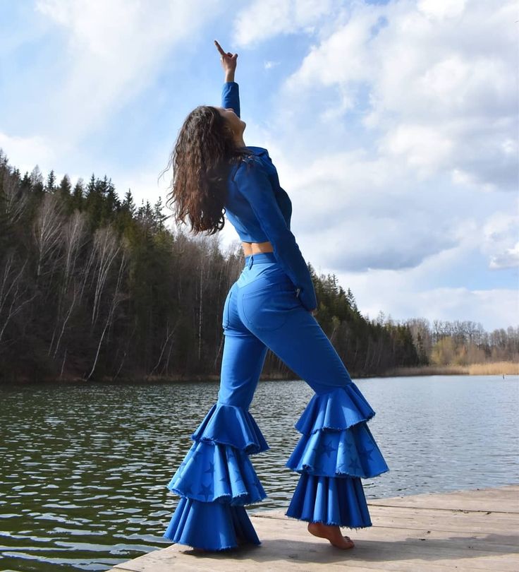 Bell trousers, stars dark blue, party swag Mama Mia Jumpsuit, Mamma Mia Abba Outfits, Abba Inspired Outfit Party, Mamma Mia Disco Party Outfits, Mamma Mia Concert Outfits, Mamma Mia Dance Costume, Mamma Mia Trio Costume, Abba Outfit Inspiration, Disco Abba Party Outfit