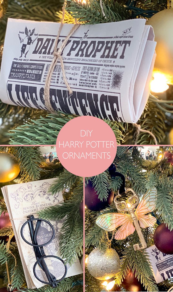 the harry potter ornament is hanging on a christmas tree with other ornaments and decorations