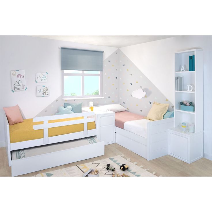 a child's bedroom with two beds and a bookcase in the corner,