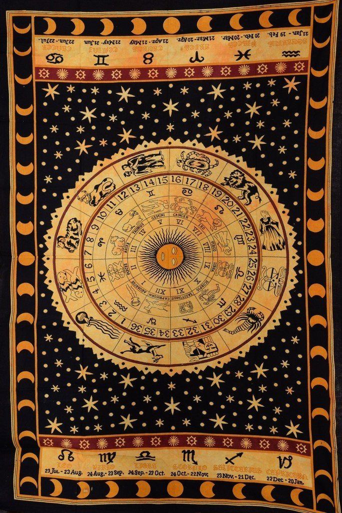 the sun and moon wheel on display in an antique style tapestry, with stars around it