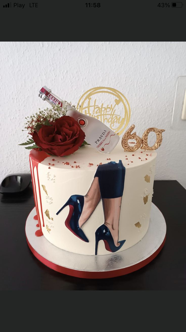 a birthday cake decorated with high heels and roses