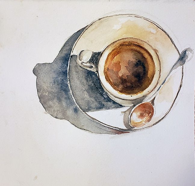 a painting of a coffee cup and spoon on a saucer with watercolors