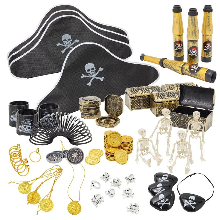 an assortment of pirate accessories and decorations