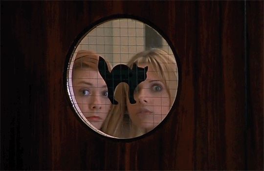 two women looking at their reflection in a mirror with a cat's head on it