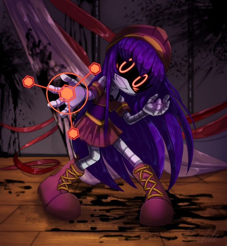 a cartoon character with purple hair and an evil look on her face, holding a knife