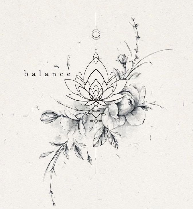 a black and white drawing of flowers with the words balance written on it's side