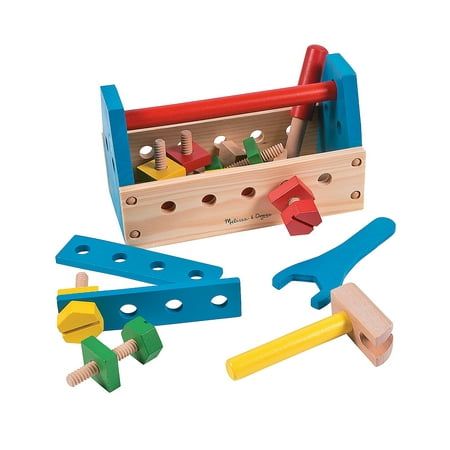 a wooden tool set with tools in it