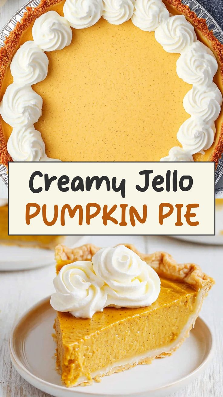 a slice of creamy jello pumpkin pie on a plate