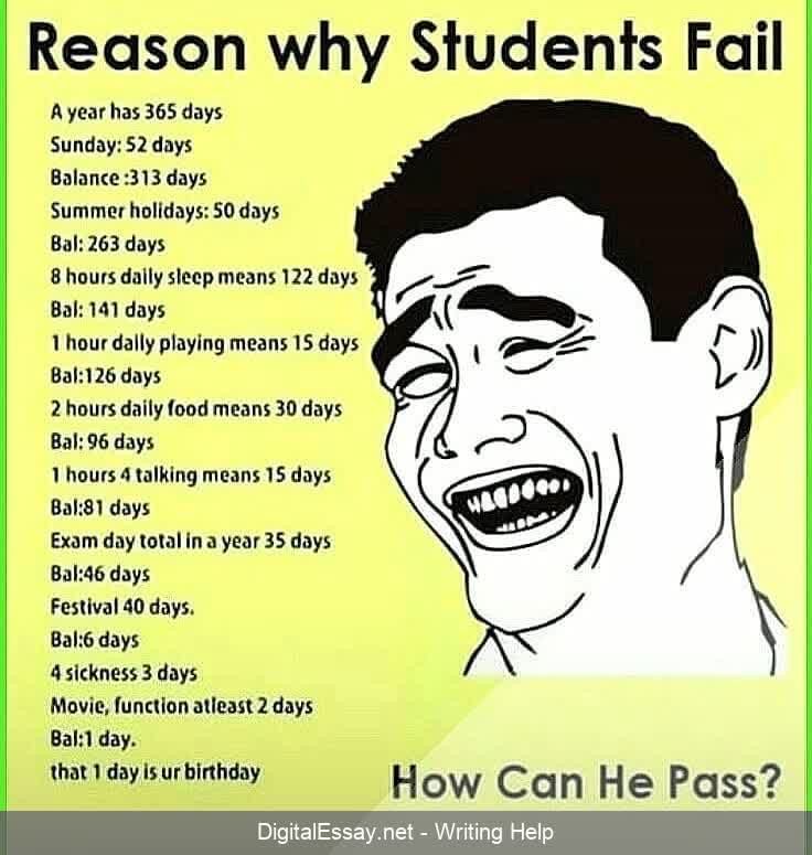 a poster with an image of a man laughing and the words reason why students fail