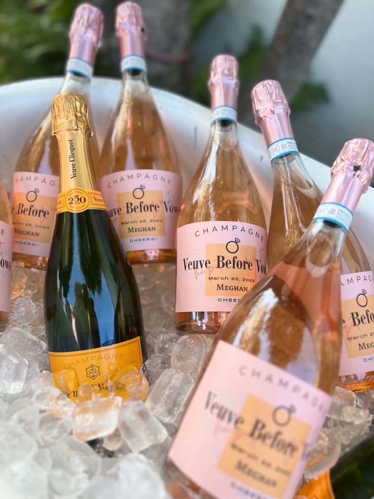 a bucket filled with lots of different types of bottles of wine and ice cubes