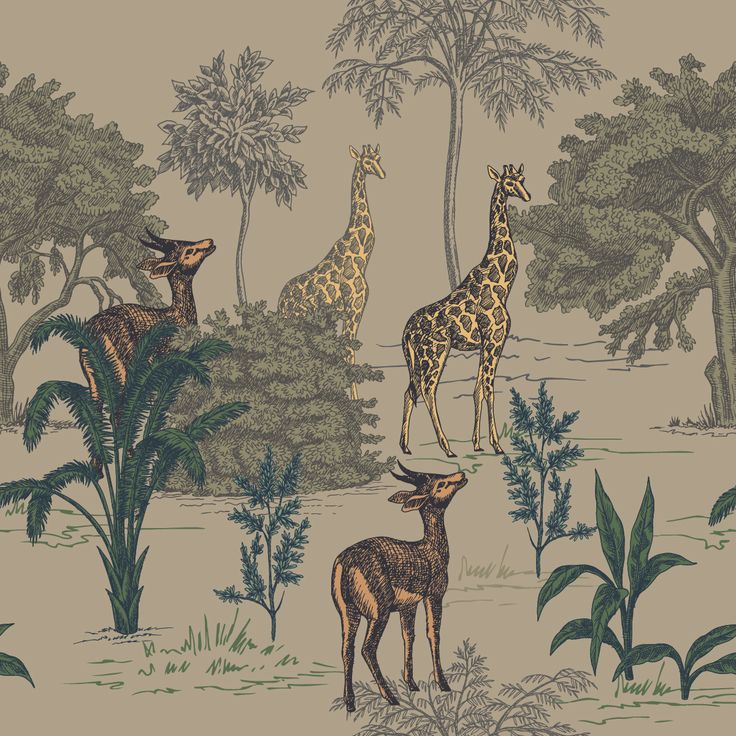 three giraffes and two deer in the jungle