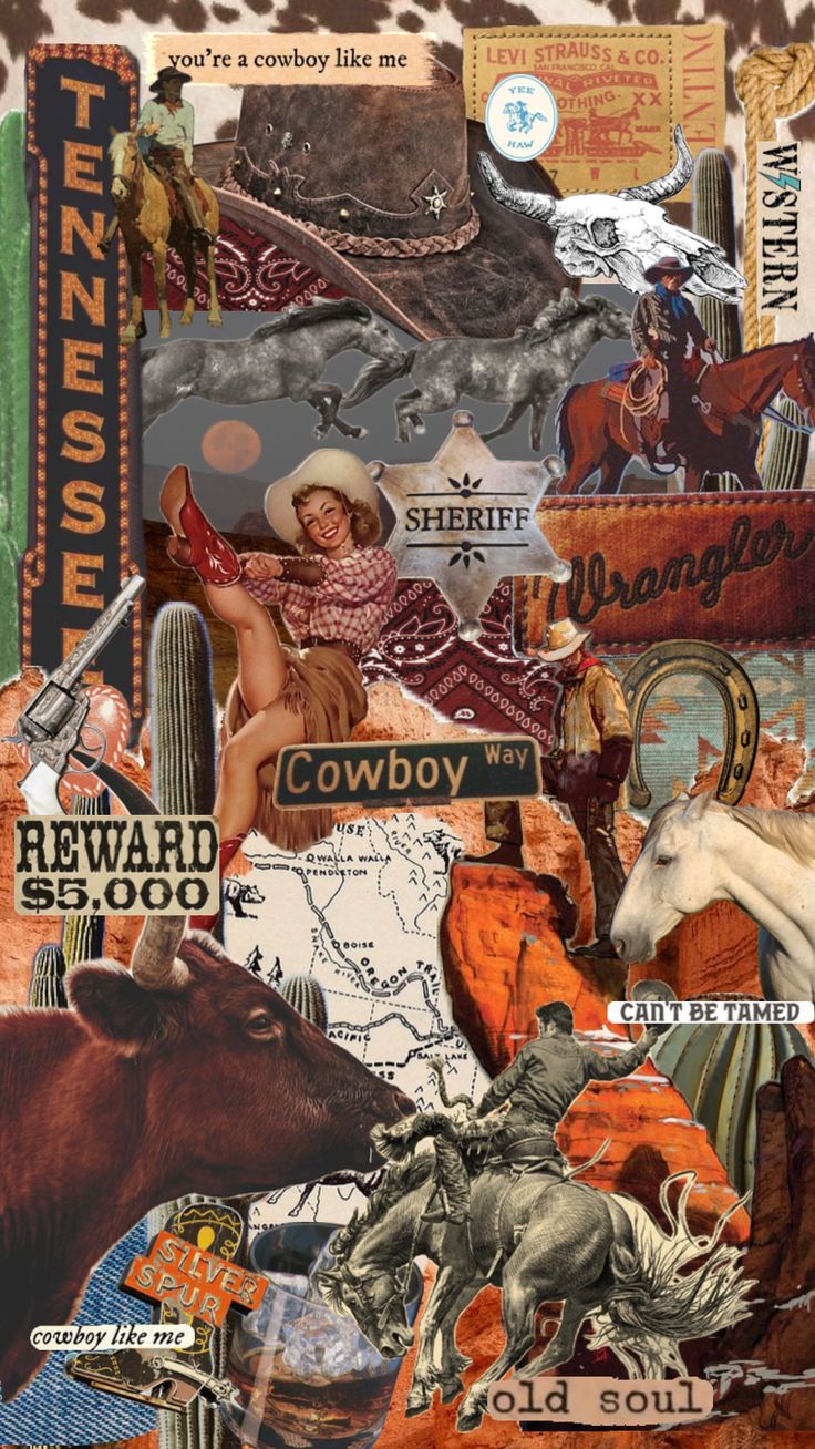 a collage of cowboy images and other items