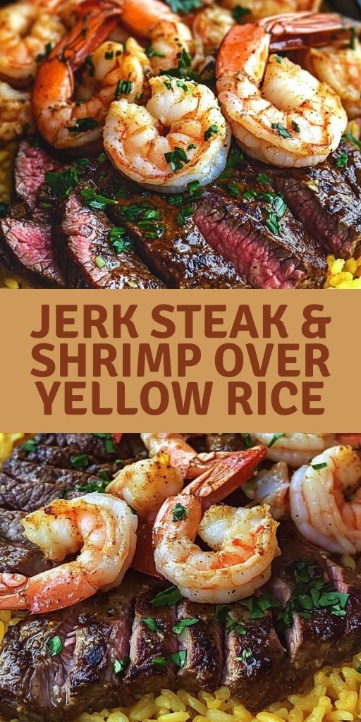 steak and shrimp over yellow rice on a plate with the words, jeff steak & shrimp over yellow rice