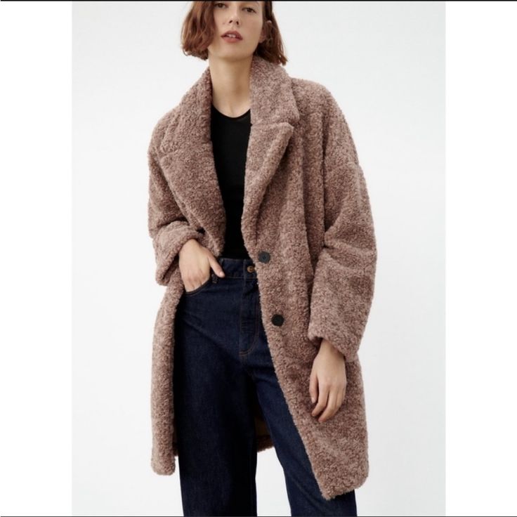 New With Tags, Very Trendy And Warm. High Quality Jacket, Nothing Wrong With It! Zara Fall Outerwear For Cold Weather, Zara Outerwear For Cold Weather In Fall, Zara Outerwear With Button Closure For Fall, Zara Brown Outerwear With Button Closure, Black Teddy Coat, Shag Coat, Pink Teddy Coat, Shaggy Sweater, Lapel Collar Coat