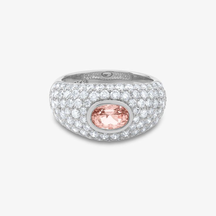 14k pave diamond dome ring, featuring a mesmerizing oval morganite at its center. This exquisite ring showcases a dome-shaped design adorned with meticulously set diamonds, creating a stunning sparkle from every angle. The captivating oval morganite gemstone adds a touch of natural beauty. Morganite is often associated with love, compassion, and emotional healing and is believed to resonate with the heart chakra. Specifications 14k gold, G/SI Diamonds, 102/2.20 ct tw, Morganite Production Please Morganite Gemstone, Gold G, Dome Ring, Morganite Ring, Pave Ring, Domed Ring, Emotional Healing, White Rose Gold, Heart Chakra