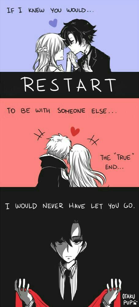 two anime characters kissing each other with the caption that says restart to be with someone else