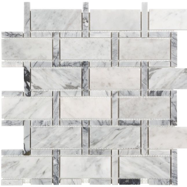 white and grey marble mosaic tile on a white background, with gray lines in the middle