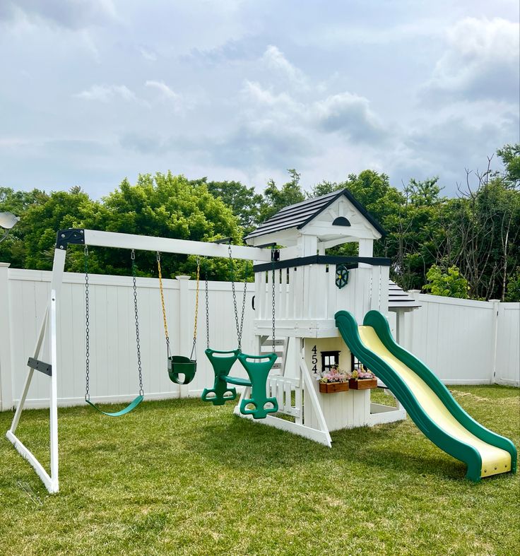 Black and white playground play set. Fixer upper Paint Playground Set, Playground Painting Ideas, Playground Remodel, Playhouse Paint Ideas, Playground Makeover, Playset Makeover, Playhouse Remodel, Wood Playground, Playground Painting