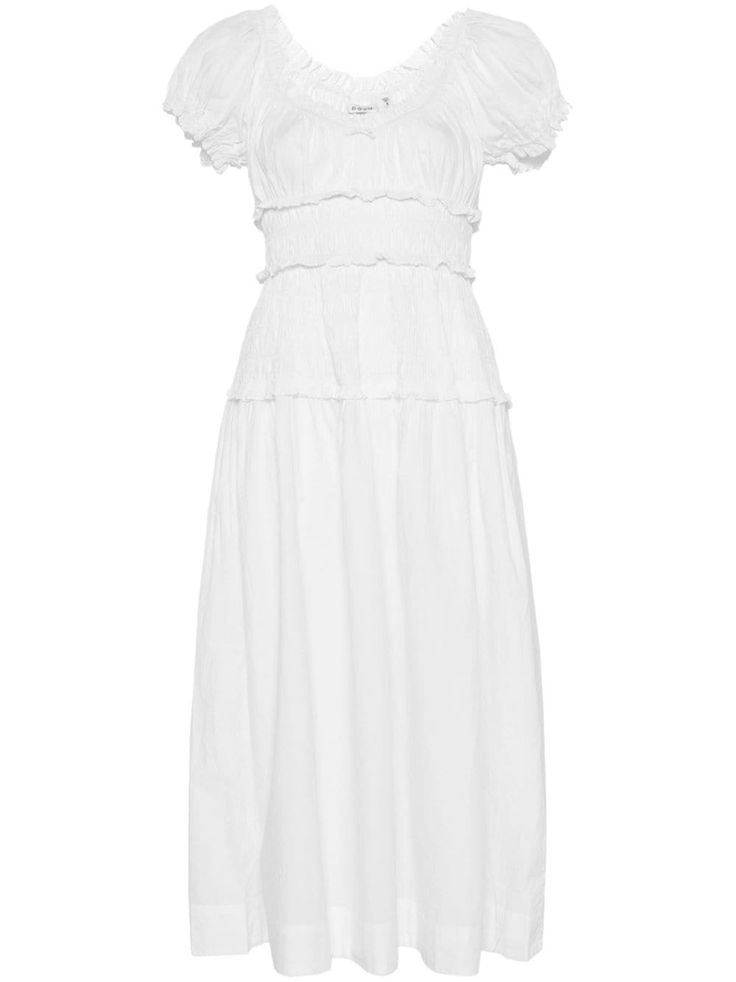 white organic cotton poplin texture frilled neckline short puff sleeves ruffle cuffs smocked waist A-line skirt straight hem mid-length We've partnered with Good On You — an independent agency that rates how brands perform in relation to their impact on the planet, people and animals, with a multi-criteria rating simplified to a five points scale. In order to be awarded our conscious label, larger brands need to score a minimum of four out of five ('Good'), while smaller brands must score at lea Skirt Straight, Midi Dress White, Neck Bow, Wardrobe Edit, Yoko London, Mid Length Dresses, Exclusive Fashion, White Midi Dress, Flared Skirt