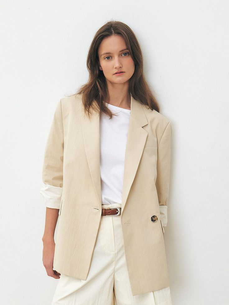 Spring Oversized Blazer With Welt Pockets, Oversized Spring Business Blazer, Oversized Beige Blazer For Office, Spring Oversized Business Blazer, Summer Business Casual Relaxed Fit Blazer, Oversized Beige Blazer With Notch Lapel, Oversized Beige Blazer With Lapel Collar, Oversized Beige Blazer For Formal Occasions, Neutral Single-breasted Cotton Blazer