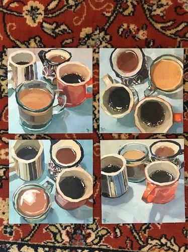 four different pictures of coffee cups on a rug