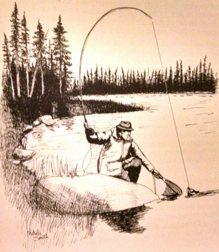 a drawing of a man fishing on the river