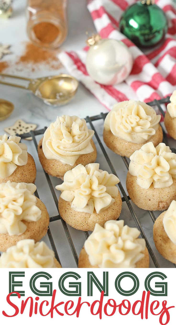 eggnog cupcakes on a cooling rack with holiday decorations in the background