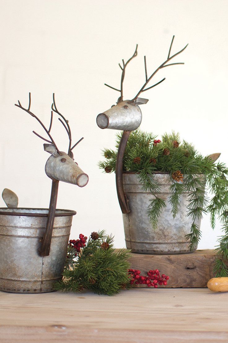 Set of 2 Metal Deer Planters - Chapin Furniture Reindeer Planter, Bucket Planters, Holiday Greenery, Metal Bucket, Christmas Garden, Decorative Planters, Container Set, Antique Farmhouse, Buckets