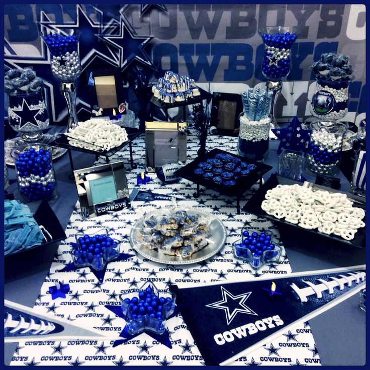 a table topped with blue and white desserts