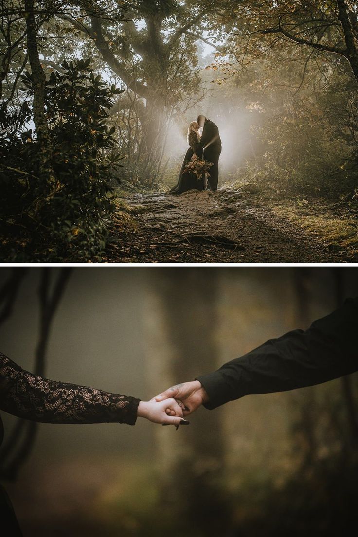 two pictures of people holding hands in the woods