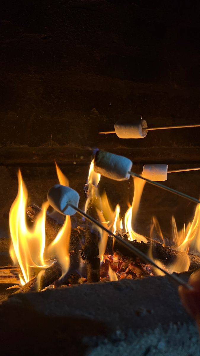 an open fire with marshmallows and sticks sticking out of it's flames