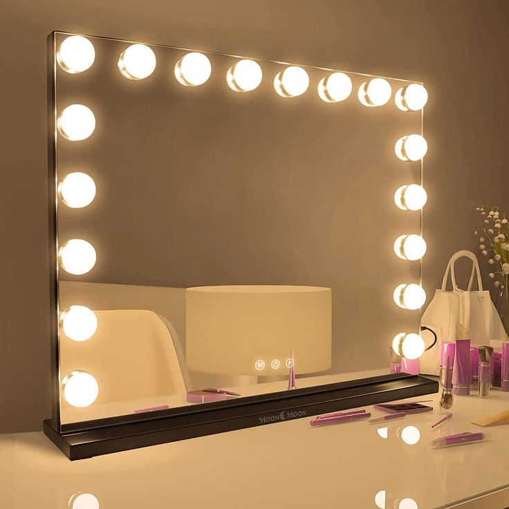 a vanity mirror that has lights on it