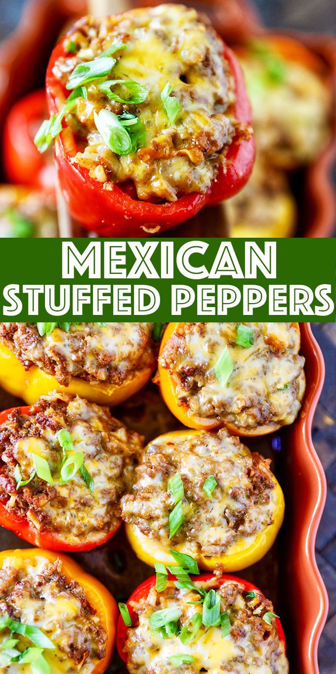 mexican stuffed peppers in a red casserole dish with text overlay that reads, mexican stuffed peppers