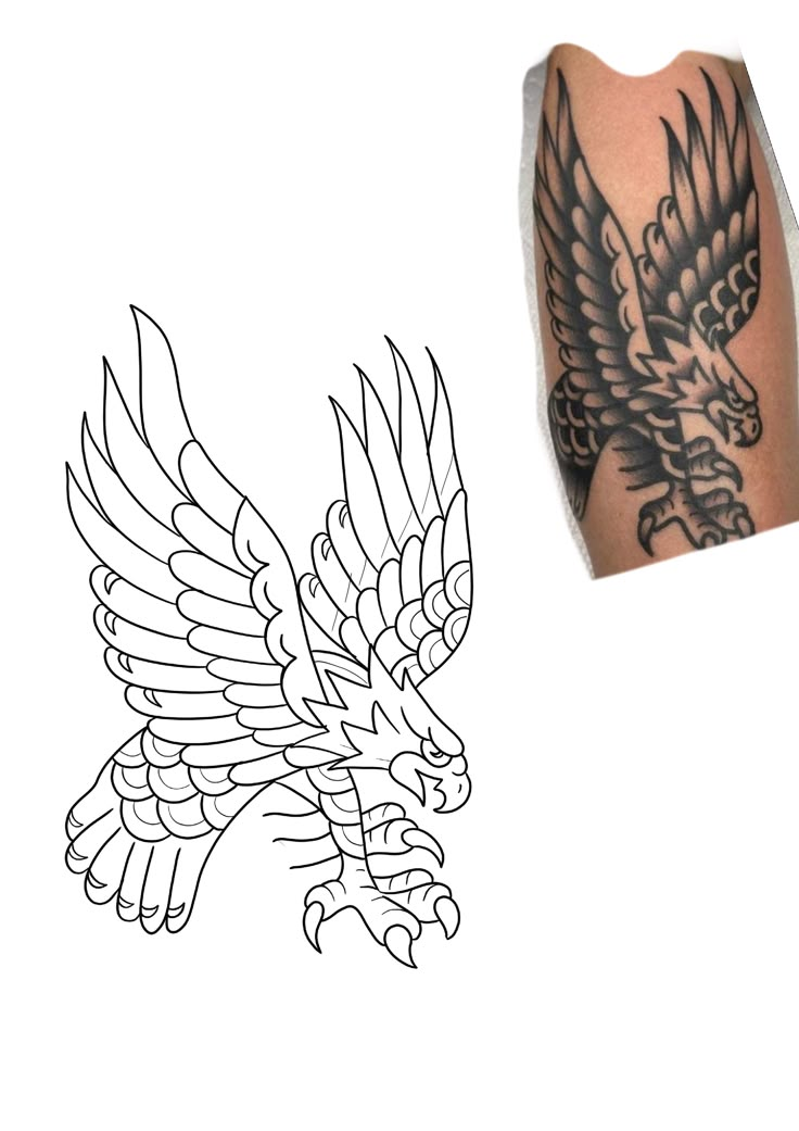 an eagle tattoo is shown next to a hand with tattoos on it