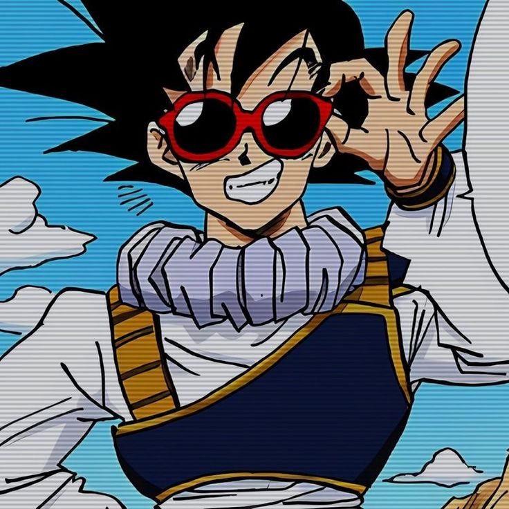 an animated image of gohan with red glasses on his head and hands in the air