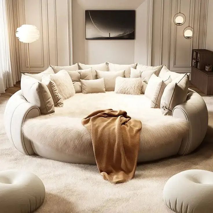 Round Dream Lounger Upholstered Movie Bed - Urban Ashram Home Round Couch, Wedding Bed, Round Bed, Home Cinema Room, Bed Double, Bed Modern, Round Beds, Round Sofa, Double Wedding