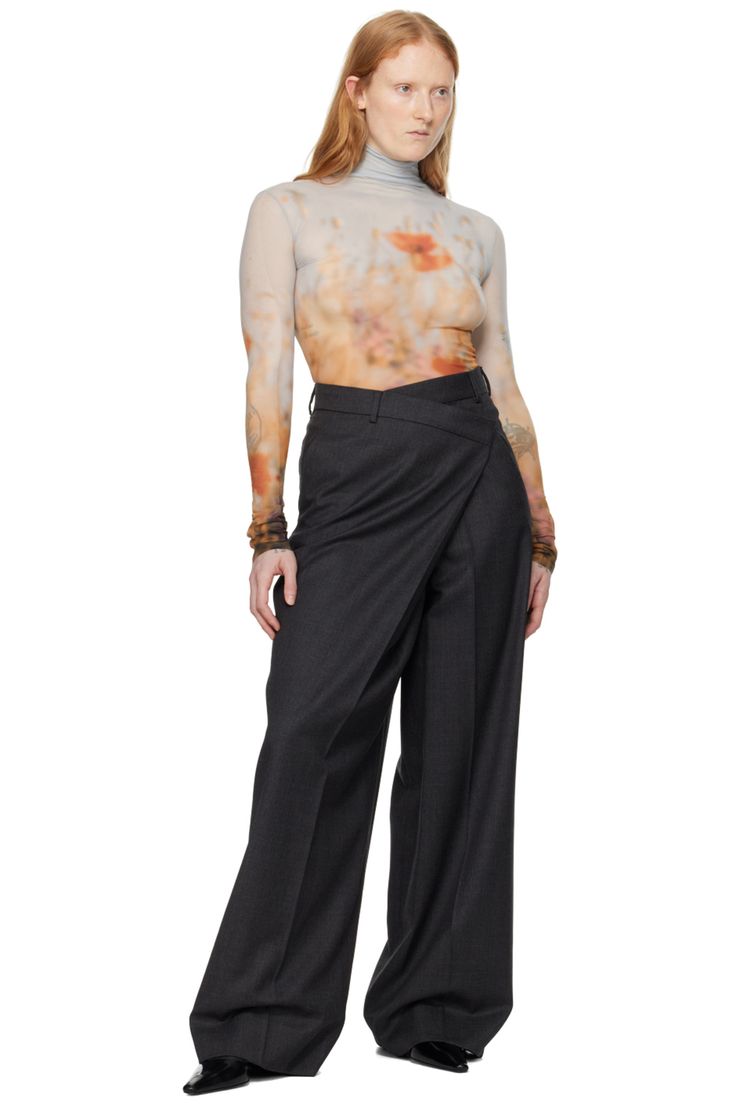 Gray Wrap Trousers by Acne Studios on Sale Wool Wide Leg Pants For Workwear In Spring, Spring Wool Wide Leg Workwear Pants, Spring Wool Wide Leg Pants For Workwear, Fitted Wool Wide Leg Pants For Fall, Chic Wool Bottoms For Fall, Tailored Wide Leg Fall Pants, Tailored Wide-leg Dress Pants For Fall, Spring Wool Wide-leg Pants, Fitted High Waist Wool Bottoms