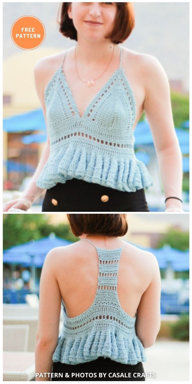 the back of a woman's top with crocheted ruffles on it