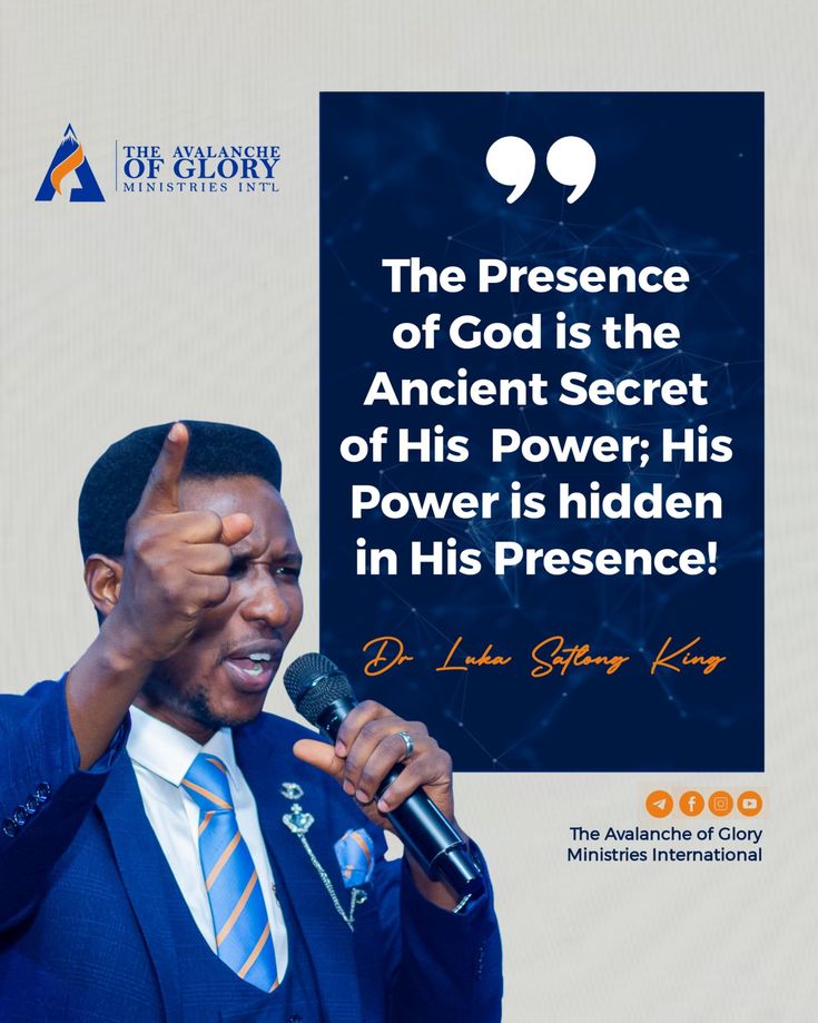 a man speaking into a microphone with a quote above it that reads, the presence of god is the ancient secret of his power