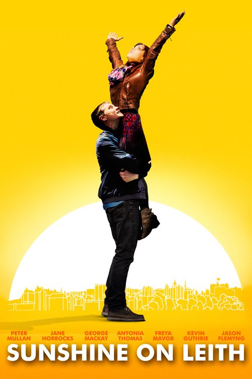 the movie poster for sunshine on leith features two people in front of an orange background