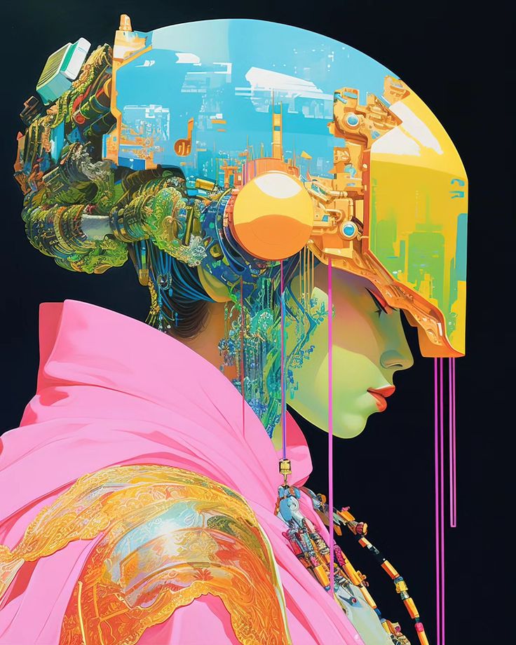 a woman's head is covered in colorful art and has multiple objects attached to it