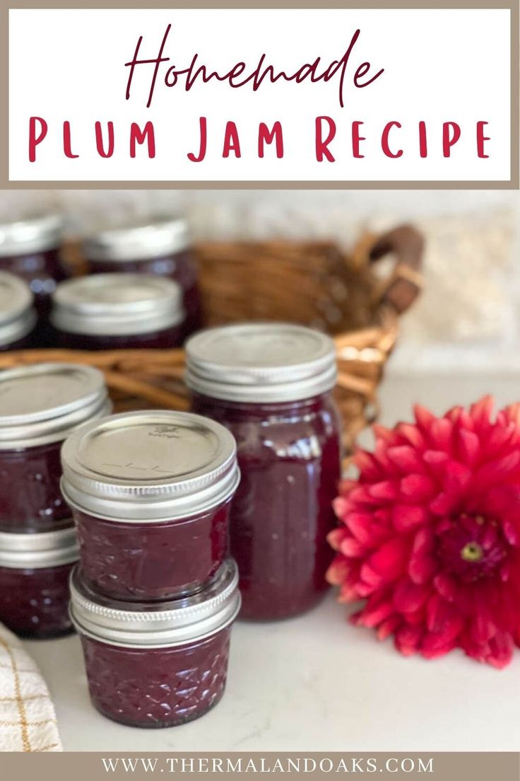 homemade plum jam recipe in mason jars on a white counter top with a red flower