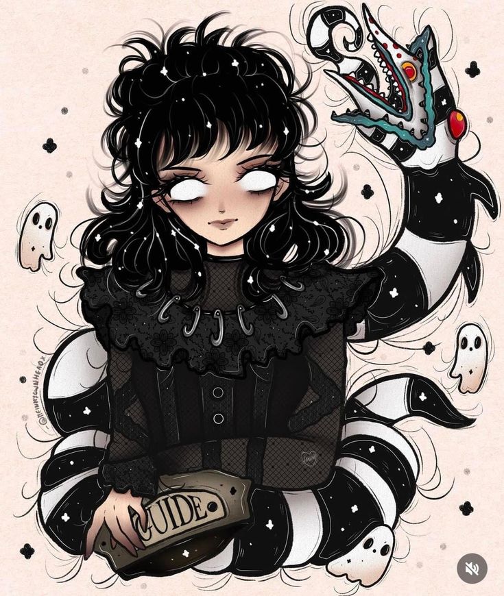 a drawing of a girl with black hair and white eyes holding a bottle in her hands