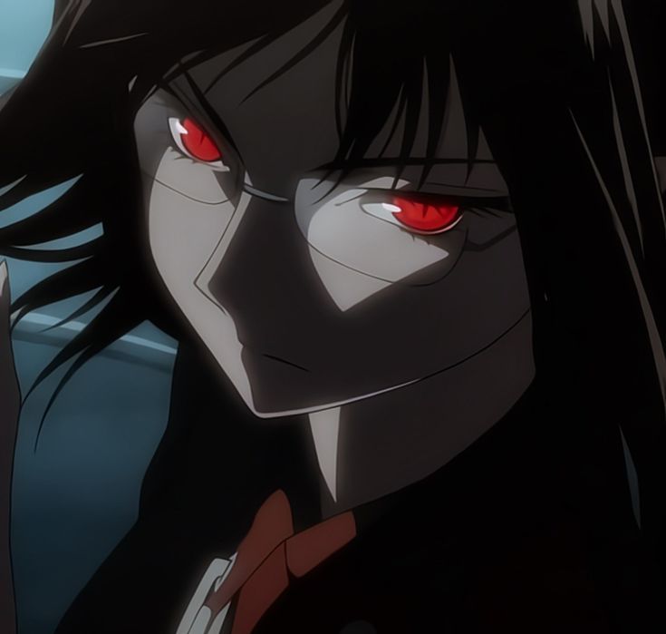 an anime character with red eyes and long black hair looking at something in the distance