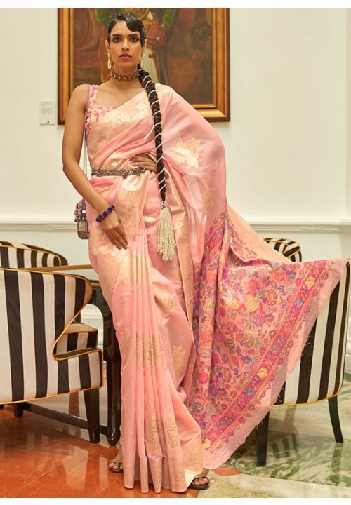 Blush Pink Modal Kashmiri Pallu Saree Drapping Saree, Light Peach Color, Wedding Silk Saree, Wedding Saree Indian, Silk Sarees Online, Pink Saree, Party Wear Sarees, Printed Sarees, Saree Styles