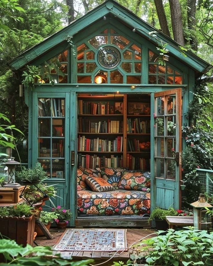 an outdoor room with a couch and bookshelf in the center, surrounded by greenery